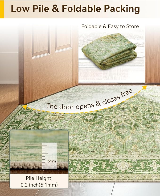 Area Rugs 2'x6' Runner Rug Non Slip Washable for Kitchen Hallway Bedroom Beside Laundry Room Bathroom Rug, Floor Carpet, Sage Green Yellow