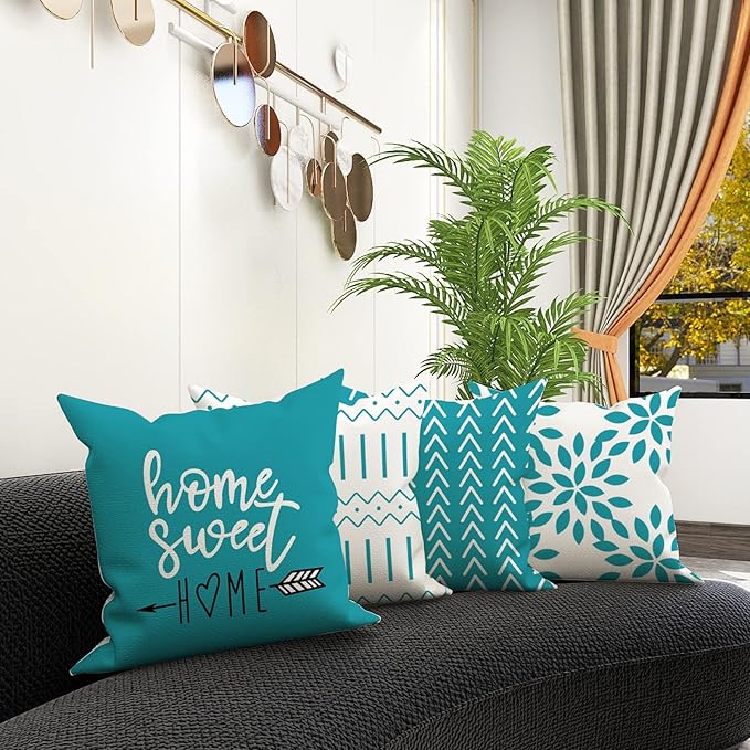 YCOLL Pillow Covers 16x16 Set of 4, Modern Sofa Throw Pillow Cover, Decorative Outdoor Linen Fabric Pillow Case for Couch Bed Car, Aqua Blue