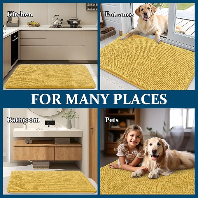 OLANLY Dog Door Mat for Muddy Paws 59x20, Absorbs Moisture and Dirt, Absorbent Non-Slip Washable Doormat, Quick Dry Chenille Mud Mat for Dogs, Entry Indoor Entryway Carpet for Inside Floor, Yellow