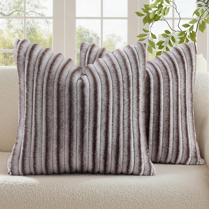 decorUhome Cozy Faux Fur Throw Pillow Covers 20x20 Set of 2 Decorative Soft Plush Striped Modern Farmhouse Boho Couch Pillow Cases with Velvet Back for Sofa Bed Living Room, Brown White