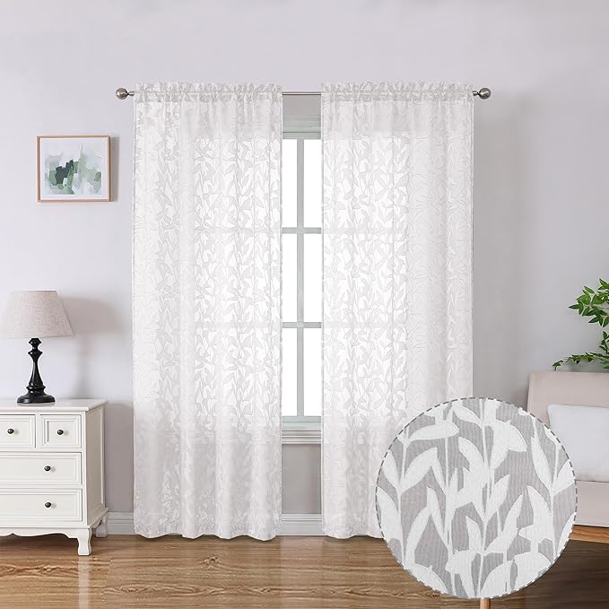 Lecloud Leia Living Room Sheer White Curtains 72 Inches Long, Light Filtering Semi Voile Curtains Jacquard Texture Bedroom Panel, Dual Rod Pockets Leaves Window Drapes for French Door, 38W x 72L