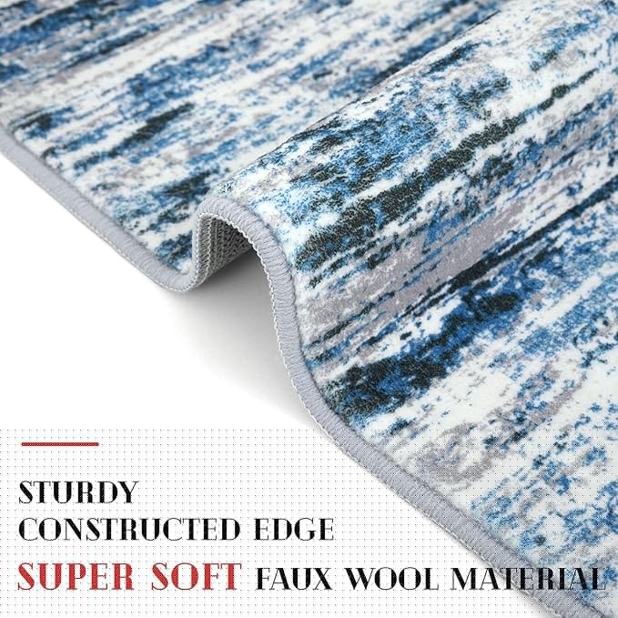 Lansny Modern Abstract Runner Rug 2.6x14, Grey Blue White Washable Long Kitchen Runner Non-Slip Soft Hallway Rug Runner Thin Print Faux Wool Carpet for Entryway Bedroom Laundry Room Indoor Home Decor