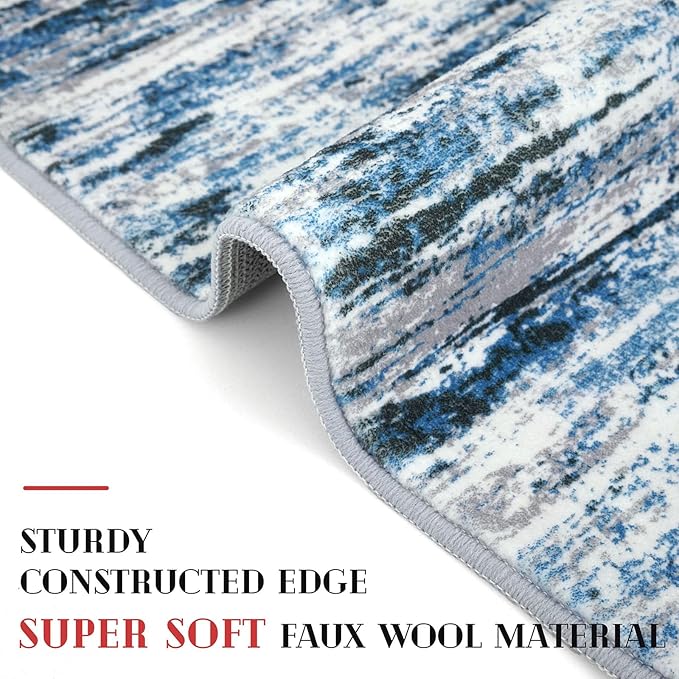 Lansny Modern Abstract Runner Rug 3x10, Grey Blue White Washable Kitchen Runner Non-Slip Soft Hallway Rug Runner Thin Print Faux Wool Carpet for Entryway Bedroom Laundry Room Indoor Home Office Decor