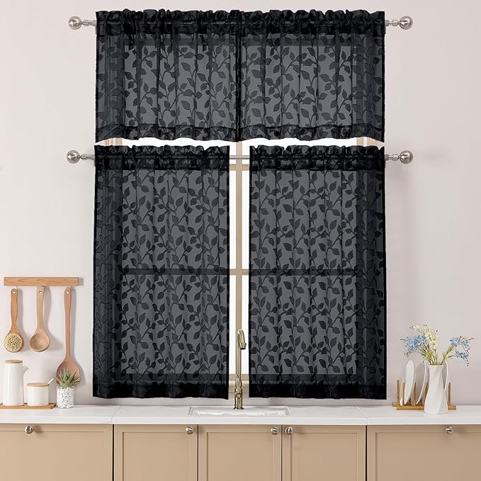 Chyhomenyc Black Sheer Valances for Windows 18 Inch Length 2 Pcs, Light Filtering Leaf Textured Cafe Short Kitchen Curtains, Top Small Curtain for Living Room Bedroom Basement, 42" W x 18" L