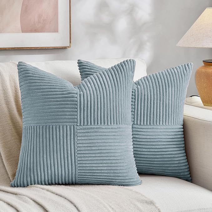 Fancy Homi Set of 2 Light Blue Decorative Throw Pillow Covers 22x22 Inch for Living Room Couch Bed Sofa, Farmhouse Boho Home Decor, Soft Cross Corduroy Patchwork Accent Square Cushion Case 55x55 cm