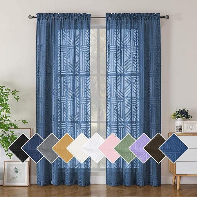 Simplebrand Dusty Blue Semi Sheer Curtains 84 Inches Long 2 Panels, Light Filtering Geometric Jacquard Clip Textured Sheer Curtains for Bedroom，Modern Elegant Window Curtains Drapes，42x84 inch