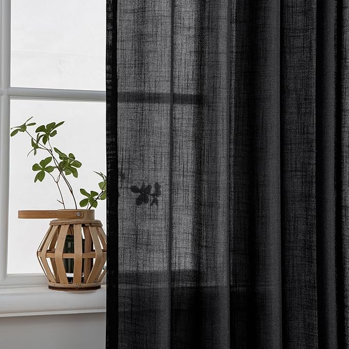MIULEE Black Linen Curtains 96 Inch Length 2 Panels for Bedroom Living Room, Soft Thick Linen Textured Back Tab Window Drapes Semi Sheer Light Filtering Rod Pocket Modern Farmhouse Halloween Decor