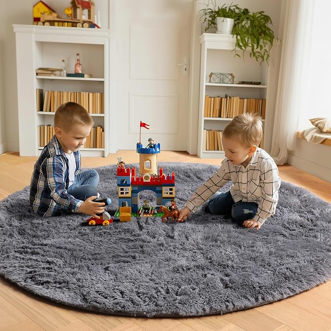 ONASAR Grey Round Area Rug 4ft, Gray Soft Bedroom Circle Throw Rugs for Kids Girls Boys Teen Dorm Room, Fluffy Plush Shaggy Carpet Mats for Nursery Living Room Playroom Home Office Decor Aesthetic
