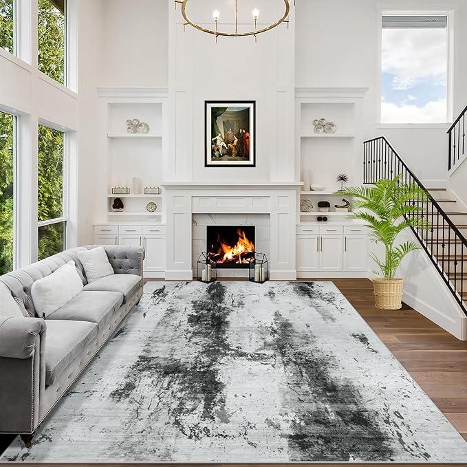 4x6 Area Rugs Washable Rug: Modern Abstract Living Room Rug Soft Anti-Skid Thin Carpet Indoor Floor Non-Shedding Carpets for Bedroom Dining Room Farmhouse Nursery Home Office Black White Grey