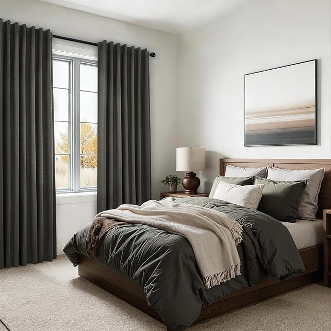 Grey Linen Black Out Curtains 96 Inches Long 2 Panels Set for Sliding Glass Doors Modern Cottage Room Darkening Pleat Dark Gray Aesthetic Drapes Soundproof Privacy 8 FT Window Curtain for Office Burg