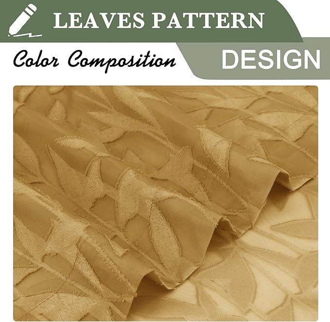 Lecloud Leia Dark Gold Sheer Kitchen Curtains 24 Inch Length 2 Pcs, Jacquard Textured Leaf Voile Short Curtains with Dual Rod Pocket, Farmhouse Bedroom Living Room Tiers, 40 W x 24 L