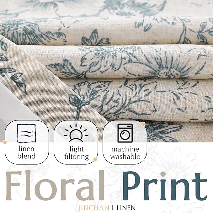 jinchan Lined Linen Blend Curtain Floral Curtains for Living Room 96 Inches Long Blue Peony Flower Printed Curtain Rod Pocket Back Tab Farmhouse Patterned Drapes Bedroom Window Curtains Set 2 Panels