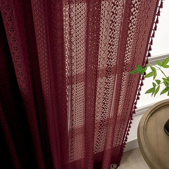WAZZIO Boho Lace Curtains 84 Inches 2 Panel,Light Filtering Privacy Tassel & Geometry Crochet Semi Sheer Curtain Drapes for Bedroom Living Dining Room,Rod Pocket & Tassel,Burgundy Red