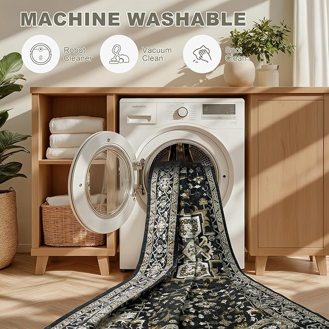 8x10 Area Rugs for Living Room: Washable Rug Soft Vintage Boho Medallion Carpet Indoor Non-Slip Stain Resistant Large Carpets for Bedroom Dining Room Farmhouse Nursery Home Office Black Gold