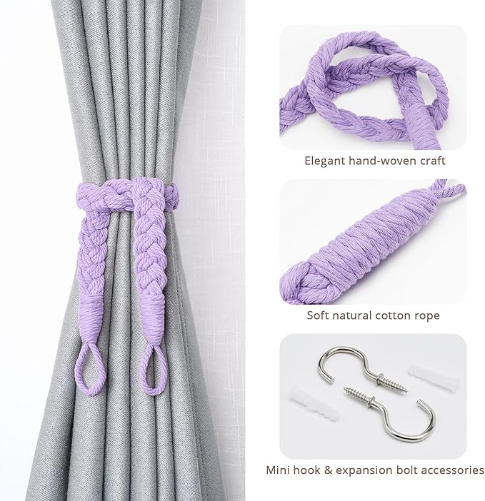NICEEC 2 Pack Natural Cotton Rope Curtain Tiebacks Elegant Boho Style Decorative Drape Tie Backs Soft Hand-Woven Rope Curtain Holdbacks with Metal Hook for Home & Office Drapery (Purple)