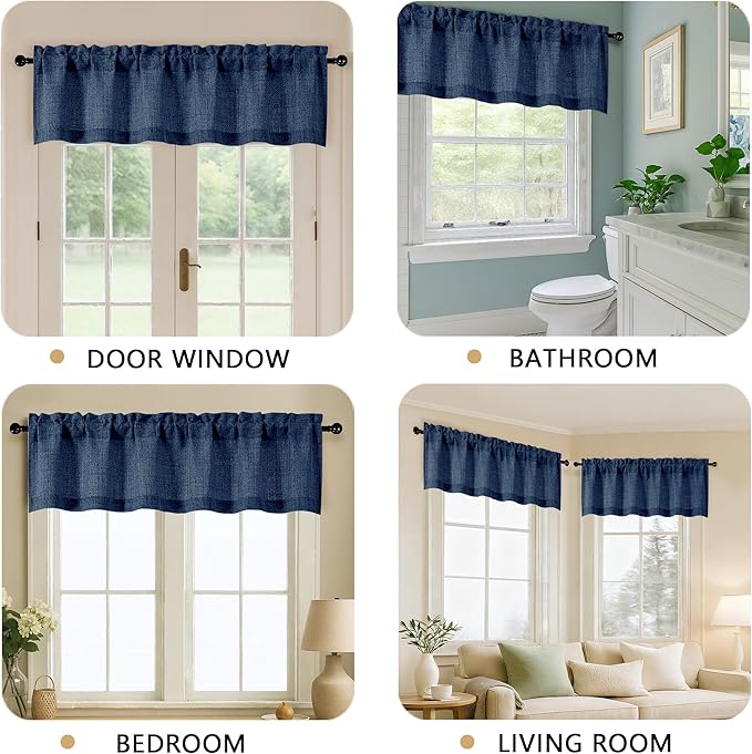 OVZME Navy Blue Valance for Windows, Light Filtering Faux Linen Textured Small Cafe Valances for Windows, Dual Rod Pocket Farmhouse Short Curtain for Bathroom Basement, 60Wx24L inch, 1 Piece