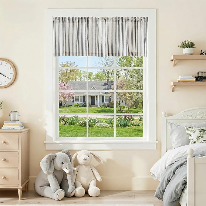 jinchan Linen Striped Valance Window Treatment for Bathroom Living Room Light Filtering Ticking Stripe Farmhouse Valance Curtain 16 Inch Rod Pocket 1 Panel Black on Linen