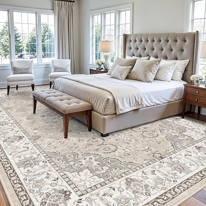 10x14 Washable Vintage Area Rug - Large Rugs for Living Room Soft Stain Resistant Carpet with Non-Slip Backing Low Pile Water Resistant Rug for King Size Bed Pet Friendly Home Decor Mat(10x14 Beige)