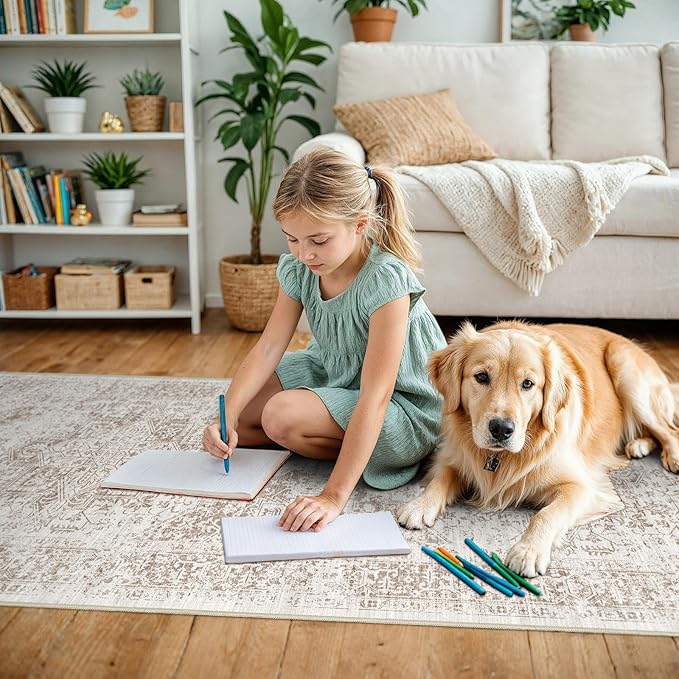 3x15 Washable Hallway Runner Rug - Vintage Kitchen Runners Low Pile Carpet Soft Thin Floor Runner with Rubber Backing for Entryway Living Room Home Decor (Cream/Camel)