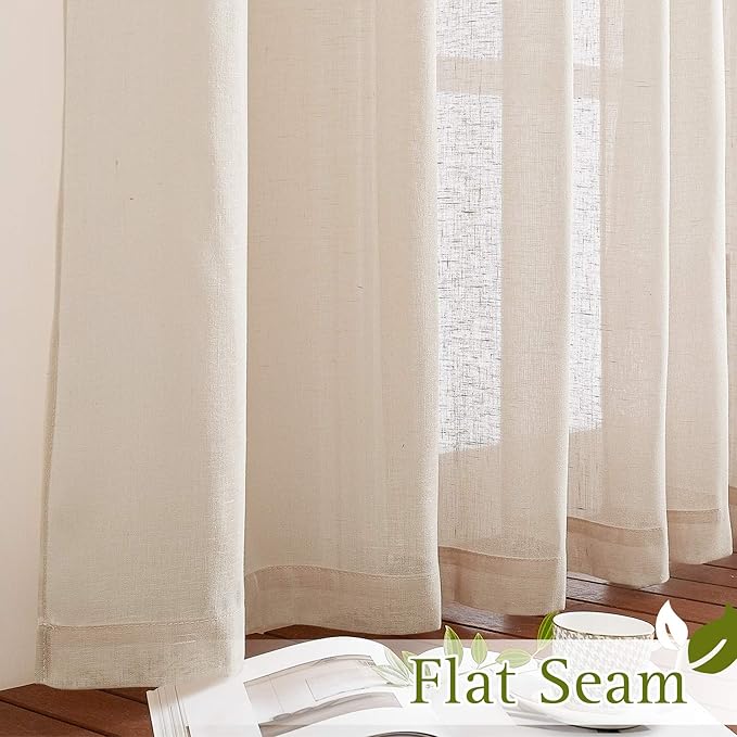 NICETOWN Natural Open Linen Weave Flax Sheer Window Curtains, Ring Top Semi Sheer Textured Drapes Privacy with Light Through for Bedroom/Kids Room, Beige, 52" Wide by 63" Long, 2 Pieces