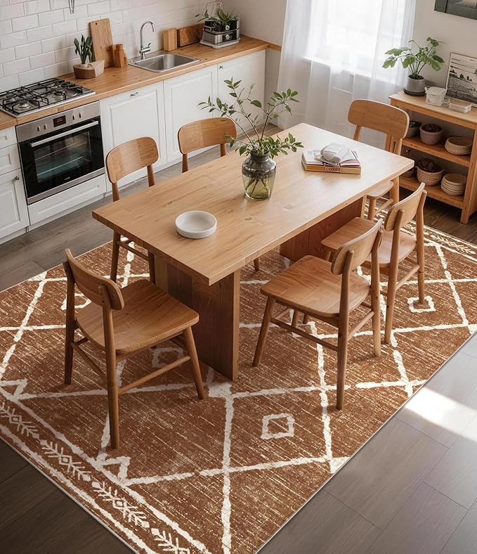 YIHOUSE Western Area Rugs for Living Room 5x7, Moroccan Aztec Burnt Orange Rug, Southwestern Soft Low-Pile Washable Rugs for Bedroom, Dining Room