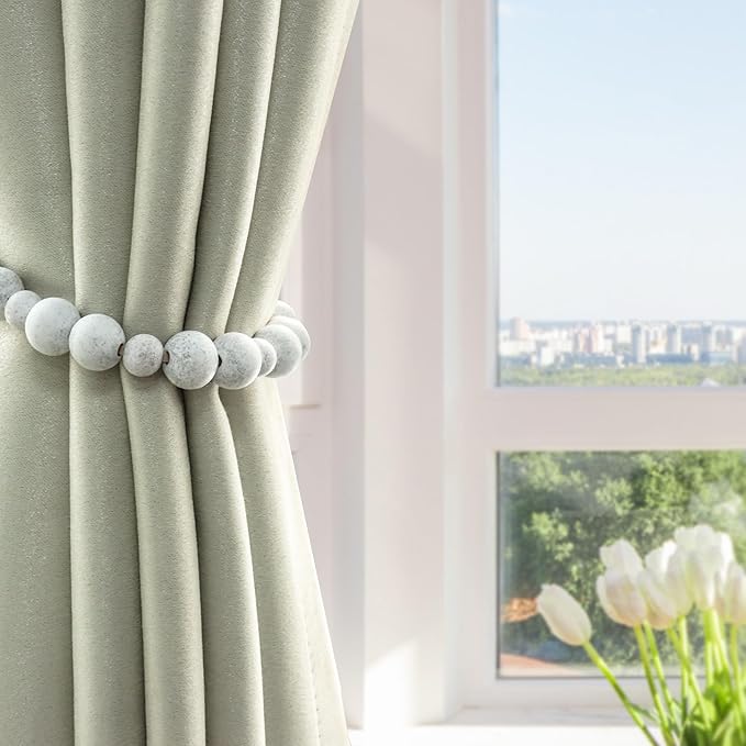 OCIOLI 2 Pieces Wood Bead Curtain Tieback Boho Curtain Tiebacks Curtain Holdbacks for Wall Curtain Ties Window Treatment Curtain Tie Backs with Hooks Curtain Pull Backs (Whitewashed Color, 2) (C-1)