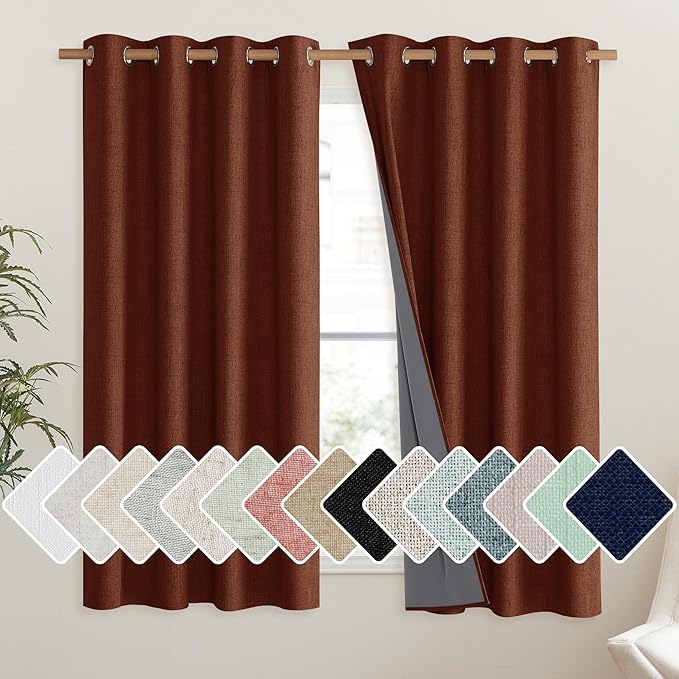 NICETOWN 100% Absolutely Blackout Linen Curtains with Thermal Insulated Liner, 52" Wide, 2 Panels, 63" Long Drapes, Grommet Retro Burnt Orange Linen Curtains Vertical Drapes Privacy for Bedroom