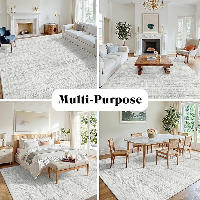 9x12 Area Rugs Washable Rug: Anti-Skid Abstract Modern Living Room Rug Soft Thin Carpets Indoor Floor Non-Shedding Carpet for Bedroom Dining Farmhouse Nursery Home Office (White Gray, 9'x12')