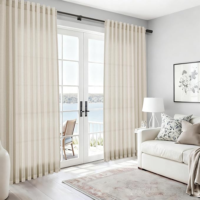 Nanspring Vanilla Linen Curtains 96 Inches Long for Living Room Modern Farmhouse Decor Luxury Light Filtering Semi Sheer Curtain Back Tab Coastal Drapes for Bedroom Office 52x96, 2 Panels
