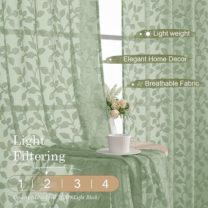Chyhomenyc Sage Green Sheer Valances for Windows 18 Inch Length 2 Pcs, Light Filtering Leaf Textured Cafe Short Kitchen Curtains, Top Small Curtain for Living Room Bedroom Basement, 42" W x 18" L