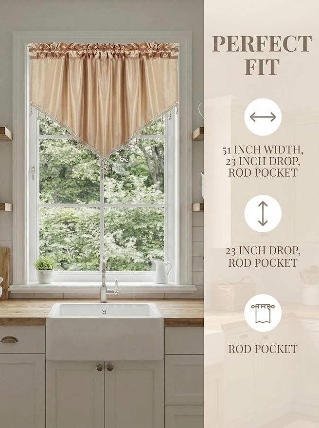 Molaxhome Swag Curtain 51 inch Length Rod Pocket Scalloped Curtain Valance Sheer Lace Panels with Hanging Crystal Beads for Kitchen Bedroom Window Treatments Drape Decor 1pc (Cloth Beige, 51Wx23L)