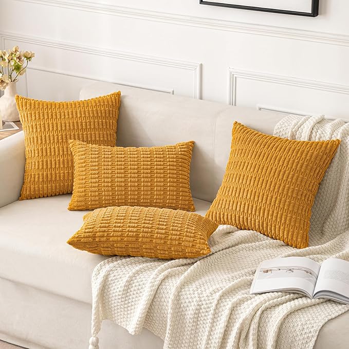 MIULEE Pack of 2 Corduroy Decorative Throw Pillow Covers 18x18 Inch Soft Boho Striped Pillow Covers Modern Farmhouse Home Decor for Summer Sofa Living Room Couch Bed Gold Yellow
