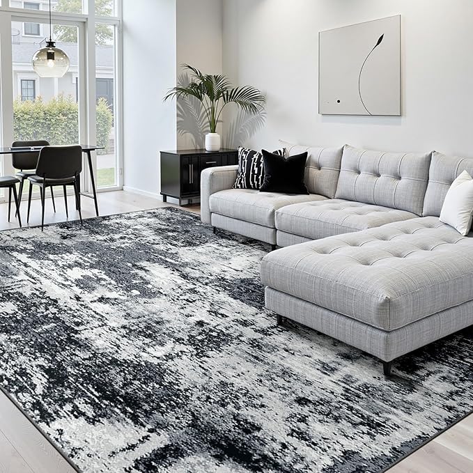 Washable Area Rugs 5'x8' Non-Slip Modern Abstract Soft for Living Room Entryway Bedroom Nursery, Print Pattern, Black Navy Blue Gray