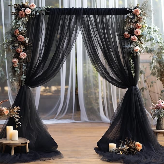 10ft x 15ft Black Tulle Backdrop Curtain for Parties Sheer Fabric Backdrop Curtains for Birthday Party Baby Shower Graduation Back Drop Wedding Photo Backdrop Drapes Background 2 Panels 5ft x 15ft