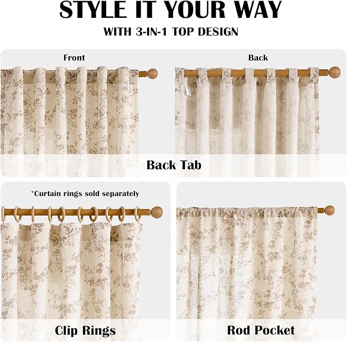 Lazzzy Floral Linen Curtains Farmhouse Extra Long Curtain for Living Room Bedroom Light Filtering Vintage Rod Pocket Back Tab Drapes for Home, 2 Panels, Taupe on Beige, W38 X L108