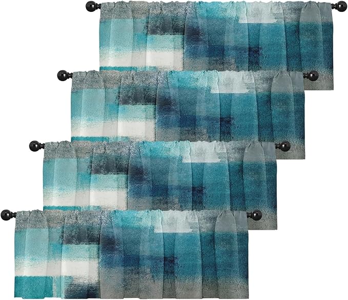 Emvency 4 Pack Valances Window Treatments, Turquoise Abstract Modern Art Blackout Adjustable for Living Room Bathroom Bedroom Kitchen Over Sink, 52x18 Inch Rod Pocket Valances
