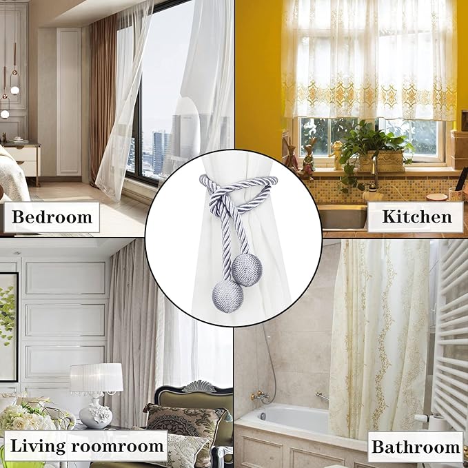 Curtain Tiebacks Outdoor Elegant Decorative Tie Backs Modern Rope Tiebacks for Drapes Window Curtain Holdbacks for Draperies (Grey, 2)