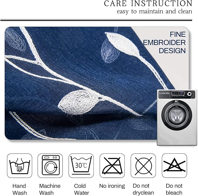 AmHoo 2 Panels Embroidered Leaf Pattern Semi Sheer Curtains Foliage Floral Voile Window Draperies Treatment for Bedroom Living Room Rod Pocket Navy Blue 53 x 84 Inch