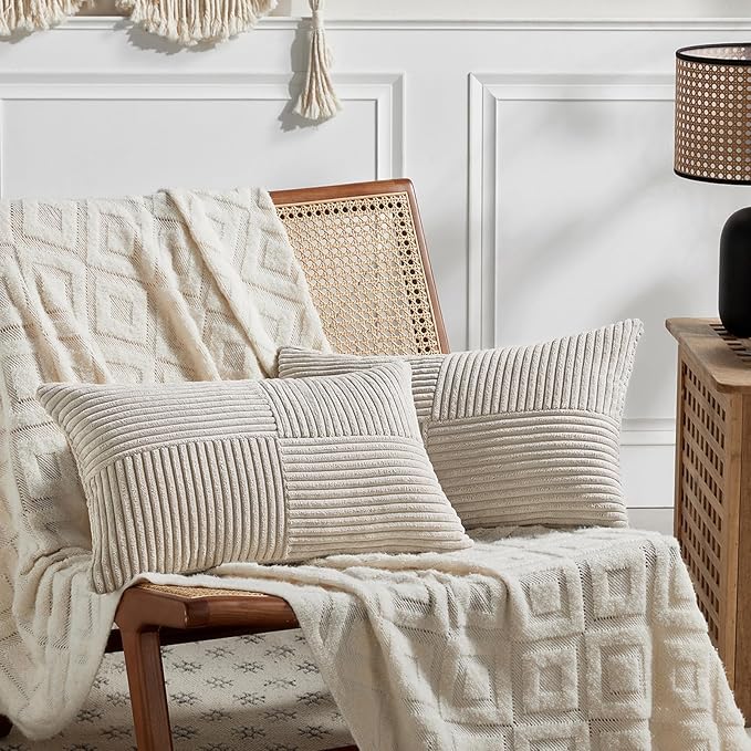 Fancy Homi 2 Packs Neutral Taupe Lumbar Decorative Throw Pillow Covers 14x22 Inch for Living Room Couch Bed Sofa, Farmhouse Home Decor, Soft Striped Corduroy Rectangle Accent Cushion Case 35x55 cm