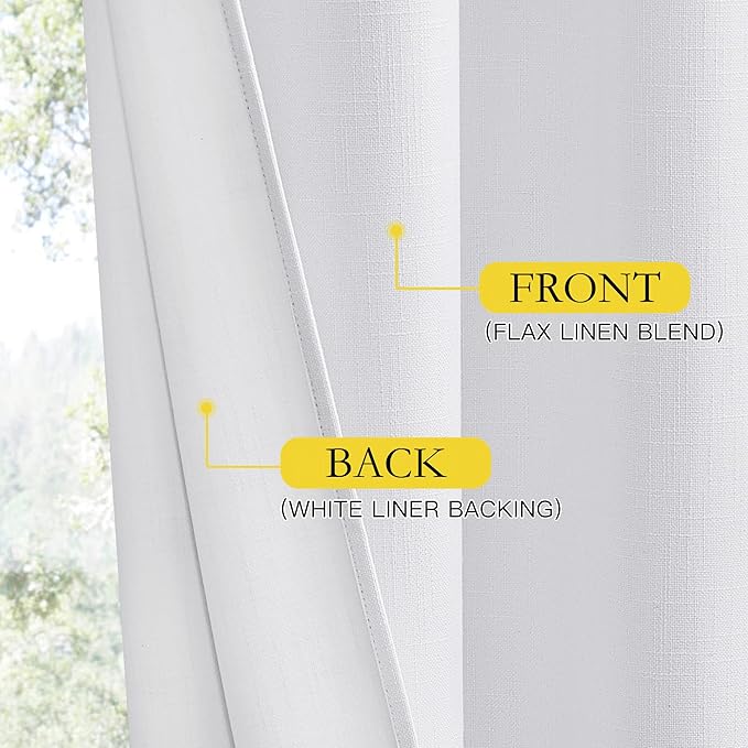 NICETOWN 100% Absolutely Blackout Linen Curtains with Thermal Insulated White Liner, White, 52" W x 63" L, Set of 2, Vintage Linen Textured Privacy Window Treatment Light Blocking for Living Room