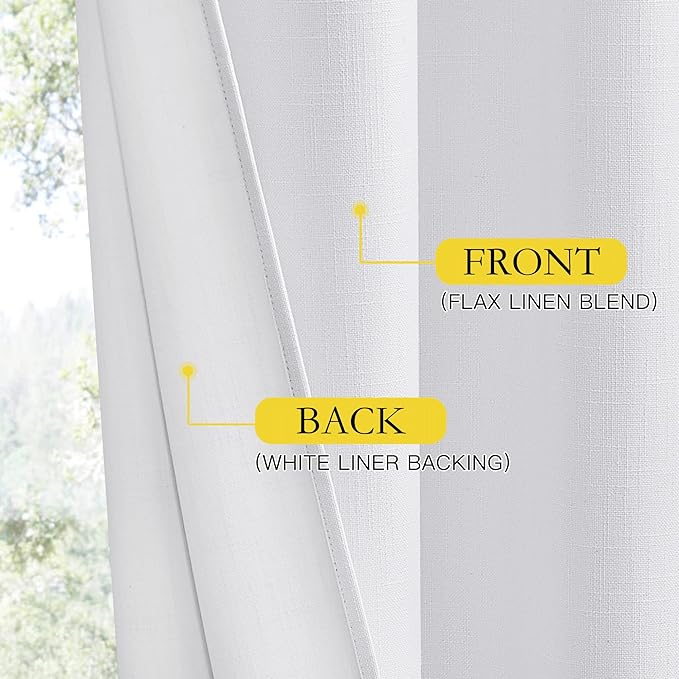NICETOWN 100% Absolutely Blackout Linen Curtains with Thermal Insulated White Liner, White, 52 inches Wide, 84 inches Length Energy Saving Curtains for Living Room 2 Panels Set, Vertical Blinds