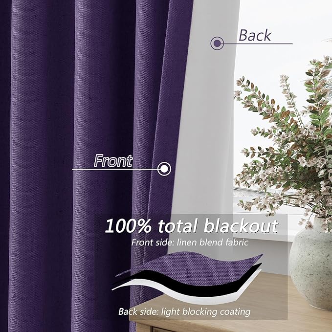 Guken 100% Blackout Curtains 120 Inch Length 2 Panels Set for Living Room Bedroom Back Tab Thermal Insulated Black Out Linen Drapes Room Darkening New Purple,52x120