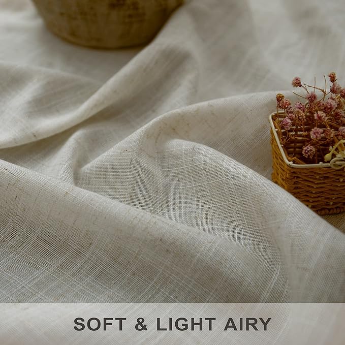 Pitalk Flax Linen Curtains 90 Inches Long for Bedroom 2 Panels Set Back Tab Loop Pocket Rustic Farmhouse Drapes Light Filtering Semi Sheer Tan Beige Curtain for Living Room 52x90 Length