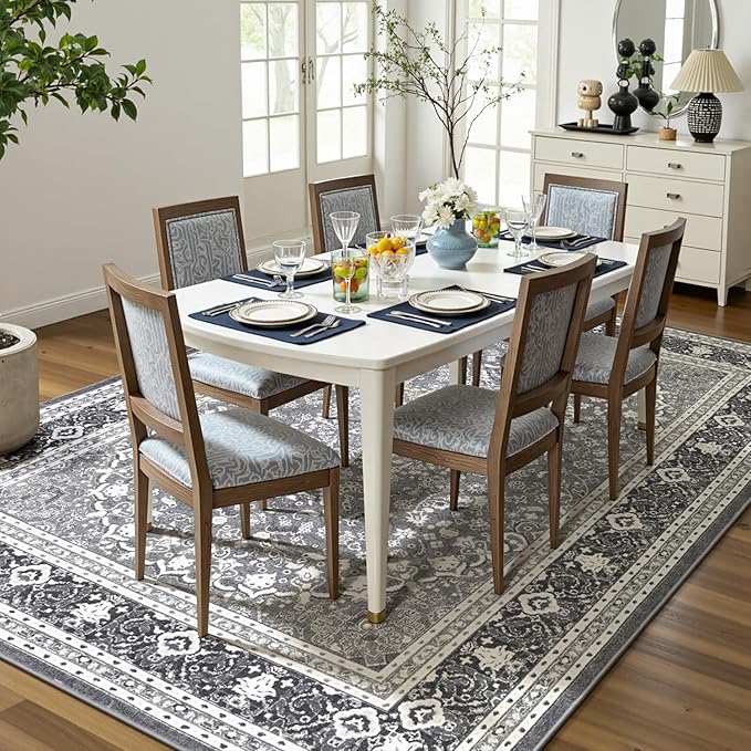 Lofus 5x7 Area Rugs for Living Room, Machine Washable Non-Slip Area Rug, Low Pile Large Rugs for Bedroom, Kitchen, Dining Room, Home Office, Vintage Oriental Print Rug, Light Grey with White