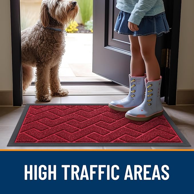 OLANLY Front Door Mat Indoor Outdoor Entrance, Waterproof All-Season, All-Weather Doormat, Sturdy Natural Rubber, Low Profile, Easy Clean Patio Porch Entryway Mat, Herringbone Brick (Wine Red, 71x47)