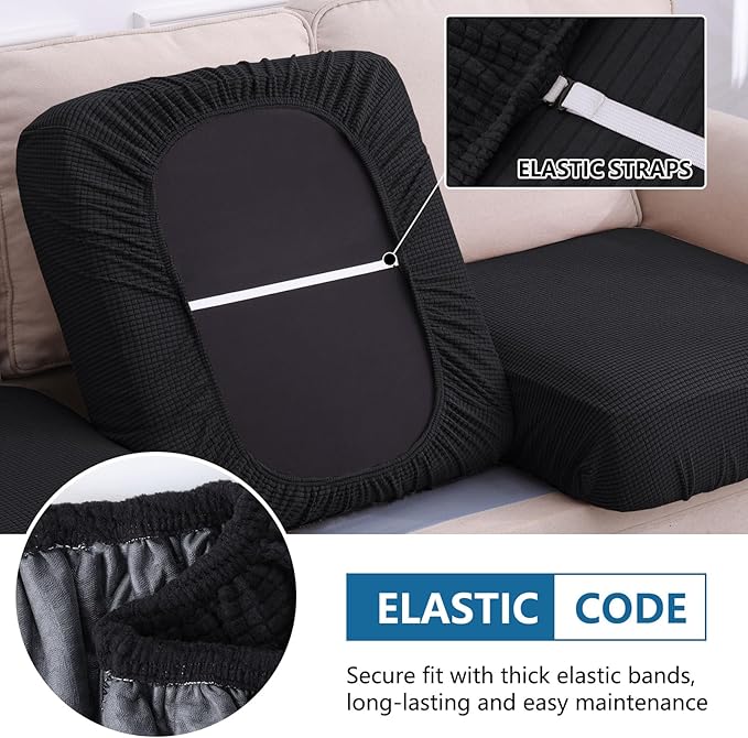 hyha Waterproof Couch Cushion Covers for Pets, Non Slip Sofa Seat Cover for Dogs Washable, Soft Thick Stretch Jacquard Fabric, Sofa Slipcovers with Elastic Bottom (1 Chaise+2 Seater, Black)