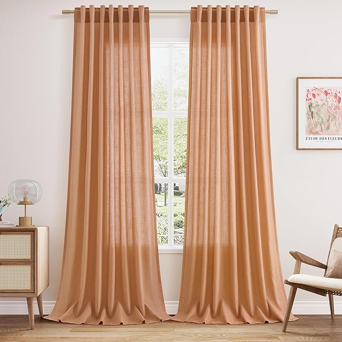 Nanspring Peach Quartz Linen Curtains 108 Inch Length 2 Panel Set Back Tab Loop Pocket Light Filtering Semi Sheer Boho Style Extra Long Drapes for High Ceiling Living Room 52x108
