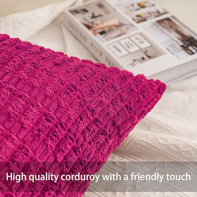 Pack of 2 Corduroy Decorative Throw Pillow Covers 22x22 Inch Soft Striped Pillow Covers Modern Farmhouse Home Decor for Sofa Living Room Couch Bed（Rose Red）