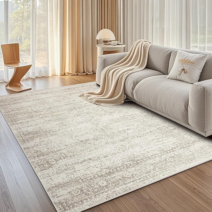 Washable Area Rug for Living, Bedroom & Dining Room, Ultra Soft Faux Wool Retro Large Carpet, Non-Slip/Shedding Low Pile Vintage Print for Home Office Decor, Beige Ivory Cream Brown Camel, 5x7
