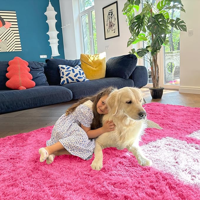 OLANLY 6x9 Machine Washable Large Area Rugs for Living Room, Bedroom, Soft Fluffy Shaggy Bedside Rug, Indoor Floor Carpet for Kids Girls and Boys, Dorms, Nursery, Home Decor Aesthetic, Hot Pink
